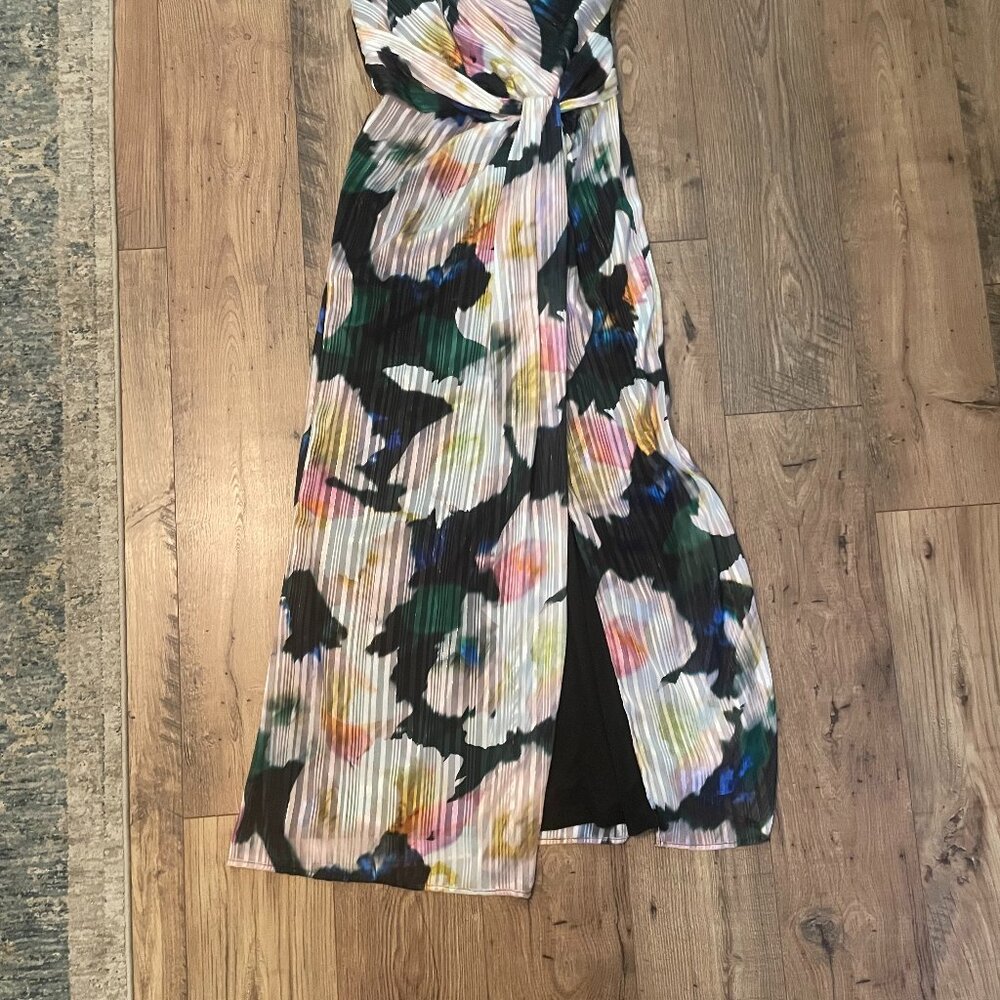Floral Metallic Satin One Shoulder Sleeveless Twist Waist Gown